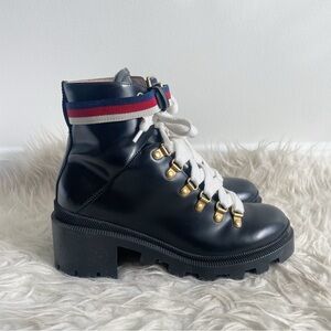 Gucci Leather Ankle Combat Boot with Sylvie Web Black size 37
